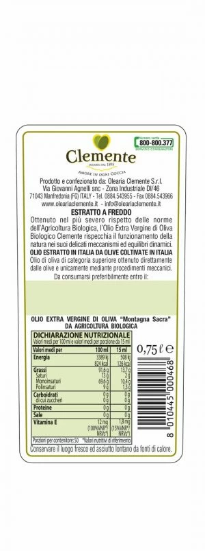 Olio Extravergine 100% Biologico Montagna Sacra 750ml - Etichetta Retro