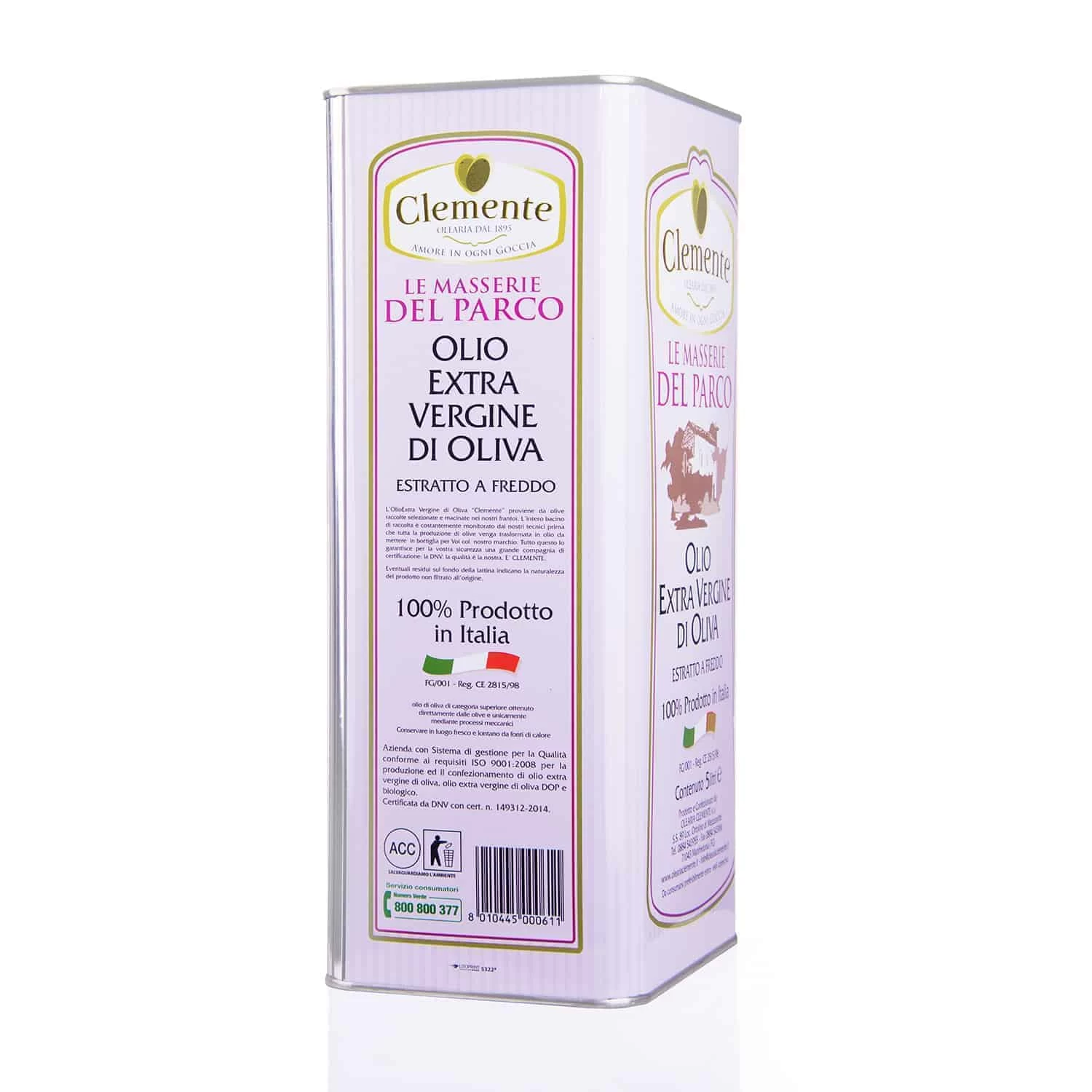 Olio Extravergine 100% Italiano Le Masserie del Parco 5 Litri - Laterale