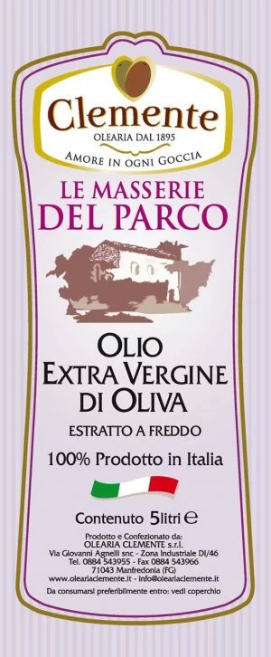 Olio Extravergine 100% Italiano Le Masserie del Parco 5 Litri - Etichetta Fronte