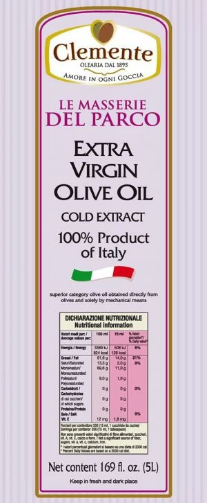 Olio Extravergine 100% Italiano Le Masserie del Parco 5 Litri - Etichetta Retro