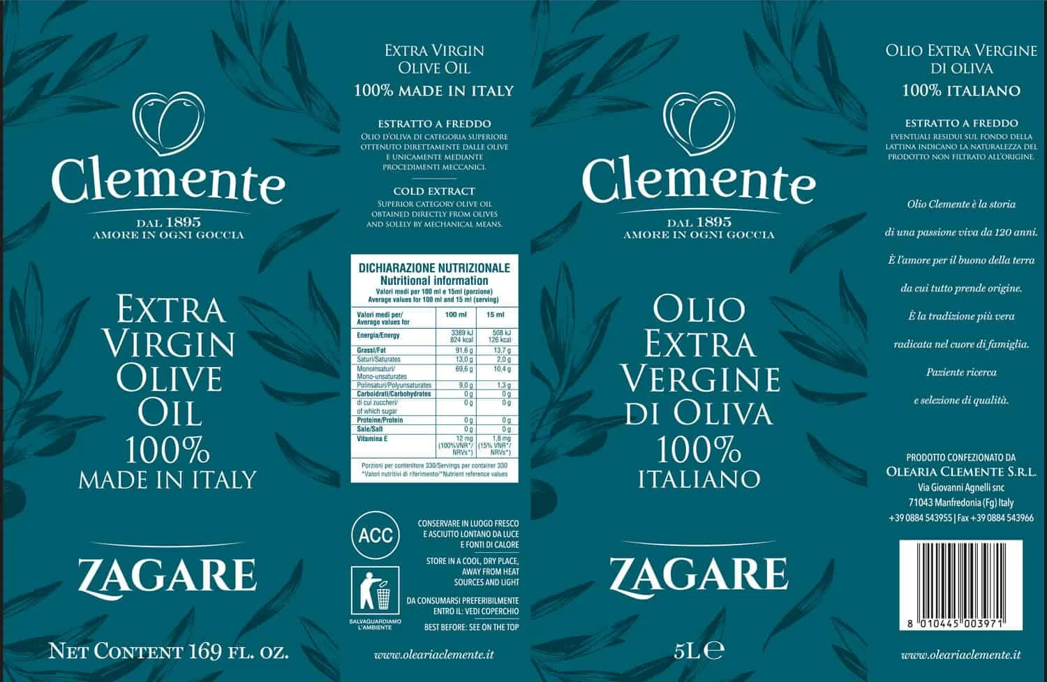 Olio Extravergine 100% Italiano Zagare 5 Litri - Etichetta